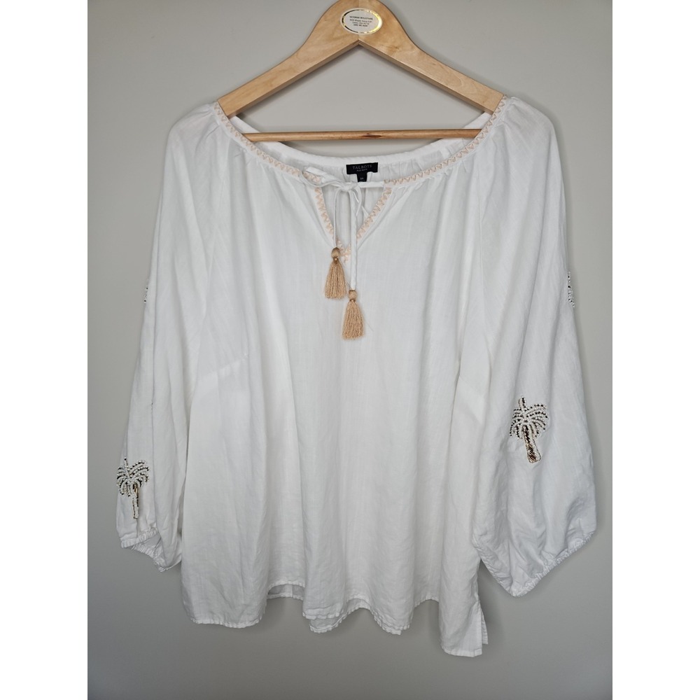 Talbots Blouse 3XP Popover Palm Embellished Linen Cotton Beachy Coastal Boho